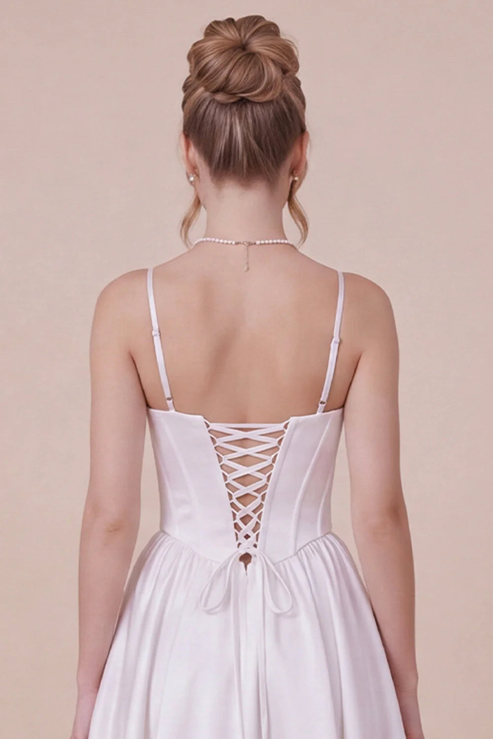 Satin A Line Corset Spaghetti Straps White Graduation Dress
