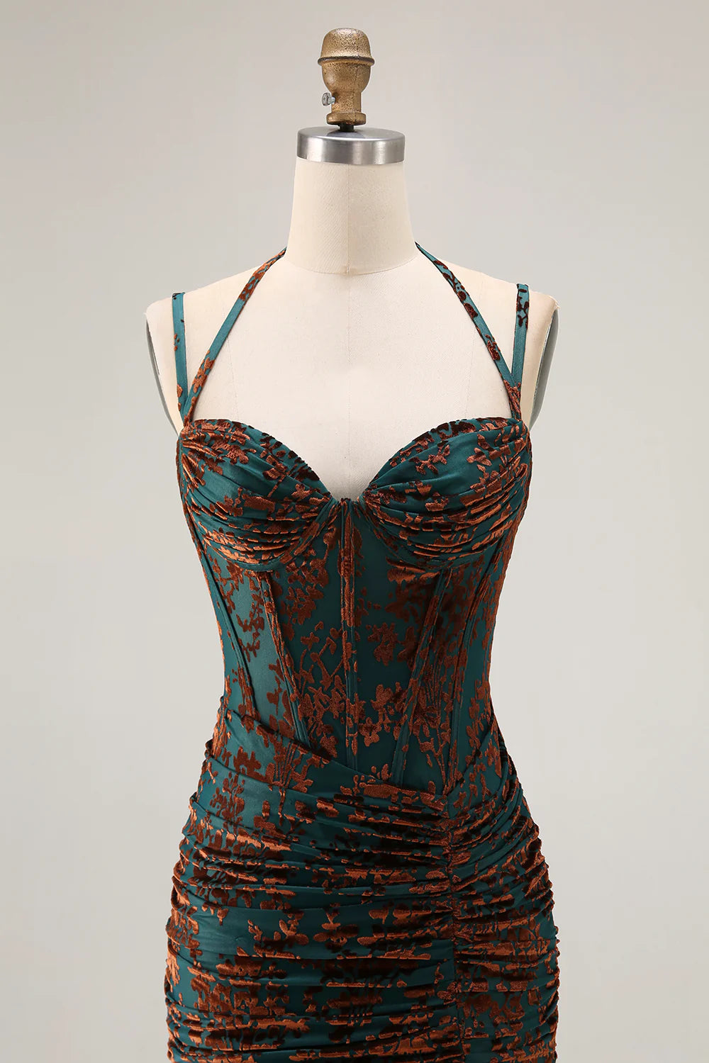 Dark Green Sheath Sweetheart Corset Long Floral Burnout Dress with Slit
