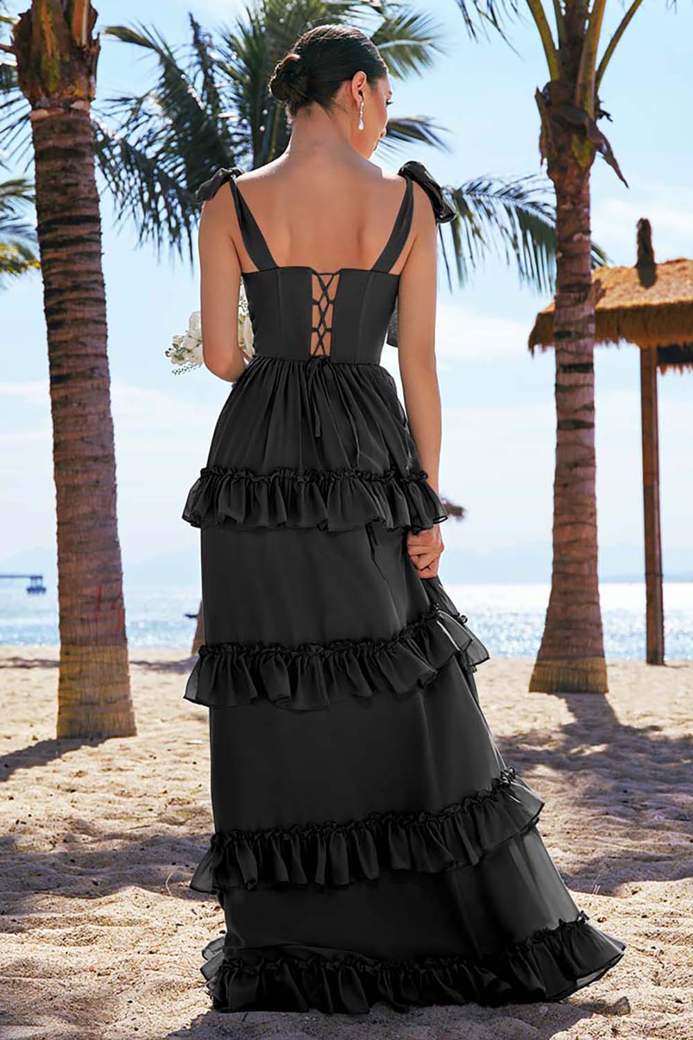 Eucalyptus A Line Bow Tie Straps Corset Tiered Long Bridesmaid Dress with Slit