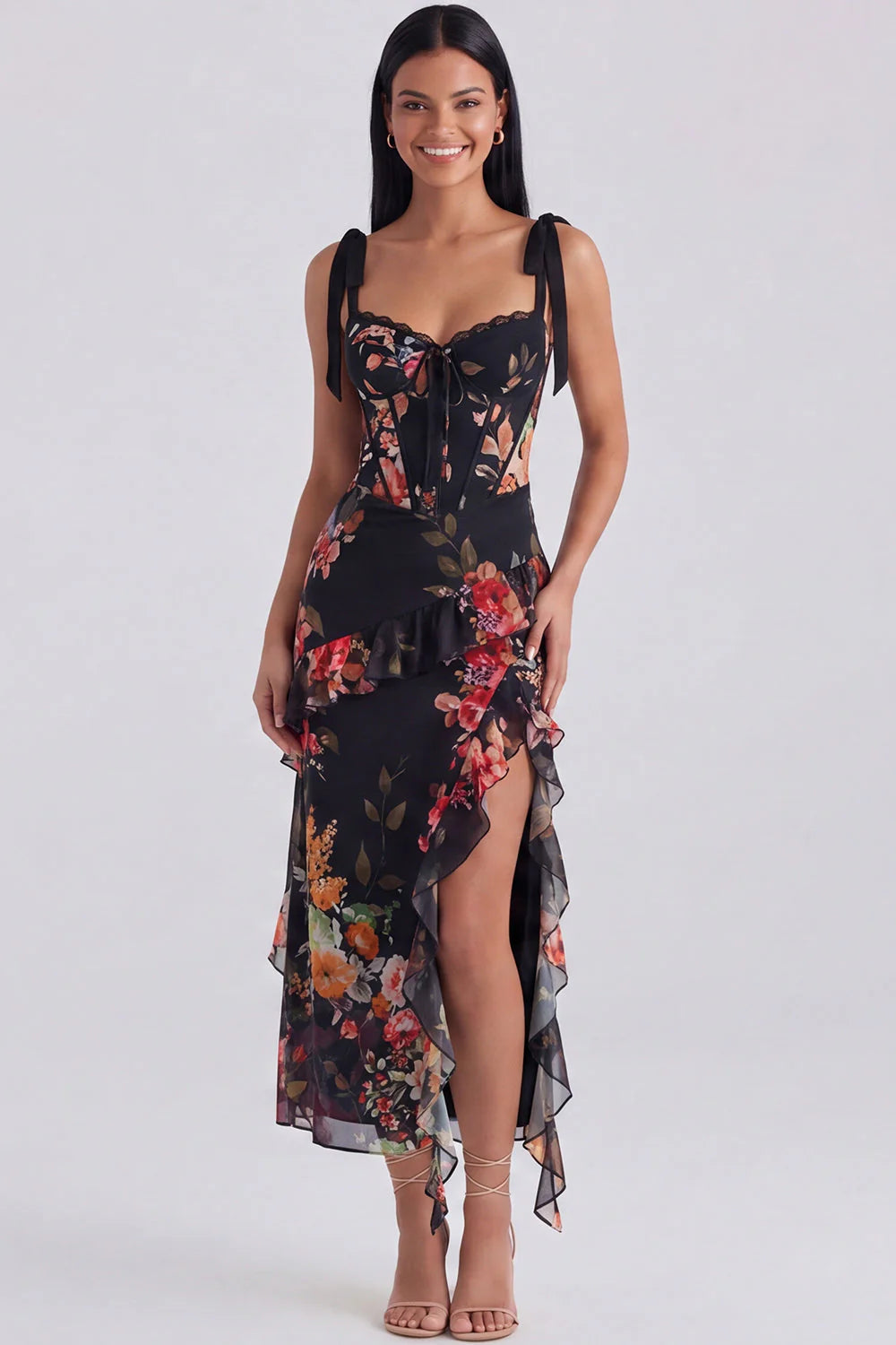 Black Ruffled Floral Corset Midi Wedding Guest Dress