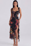 Black Ruffled Floral Corset Midi Wedding Guest Dress
