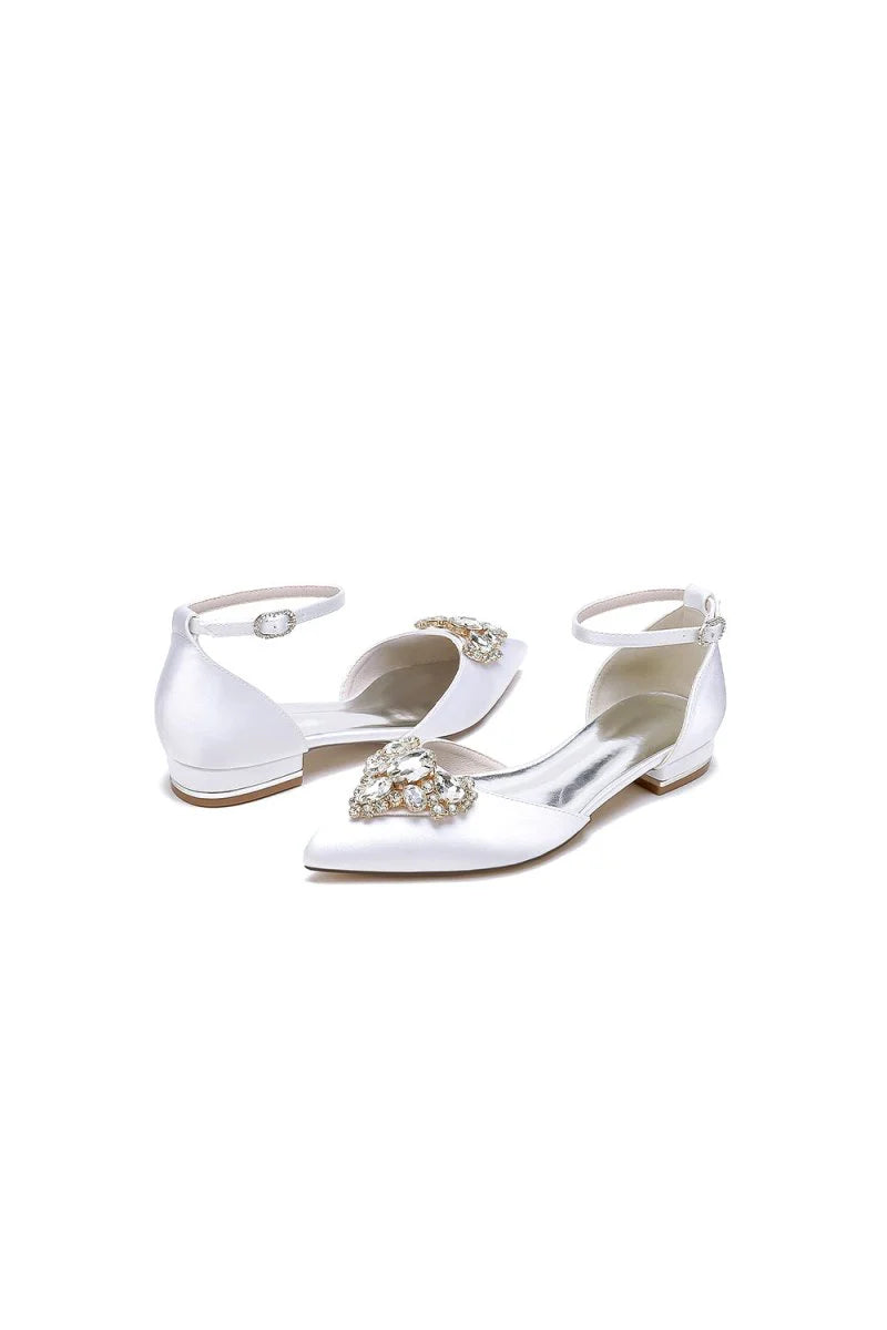 Satin Pointed Toe Ankle Strap Rhinestone Kitten Heels
