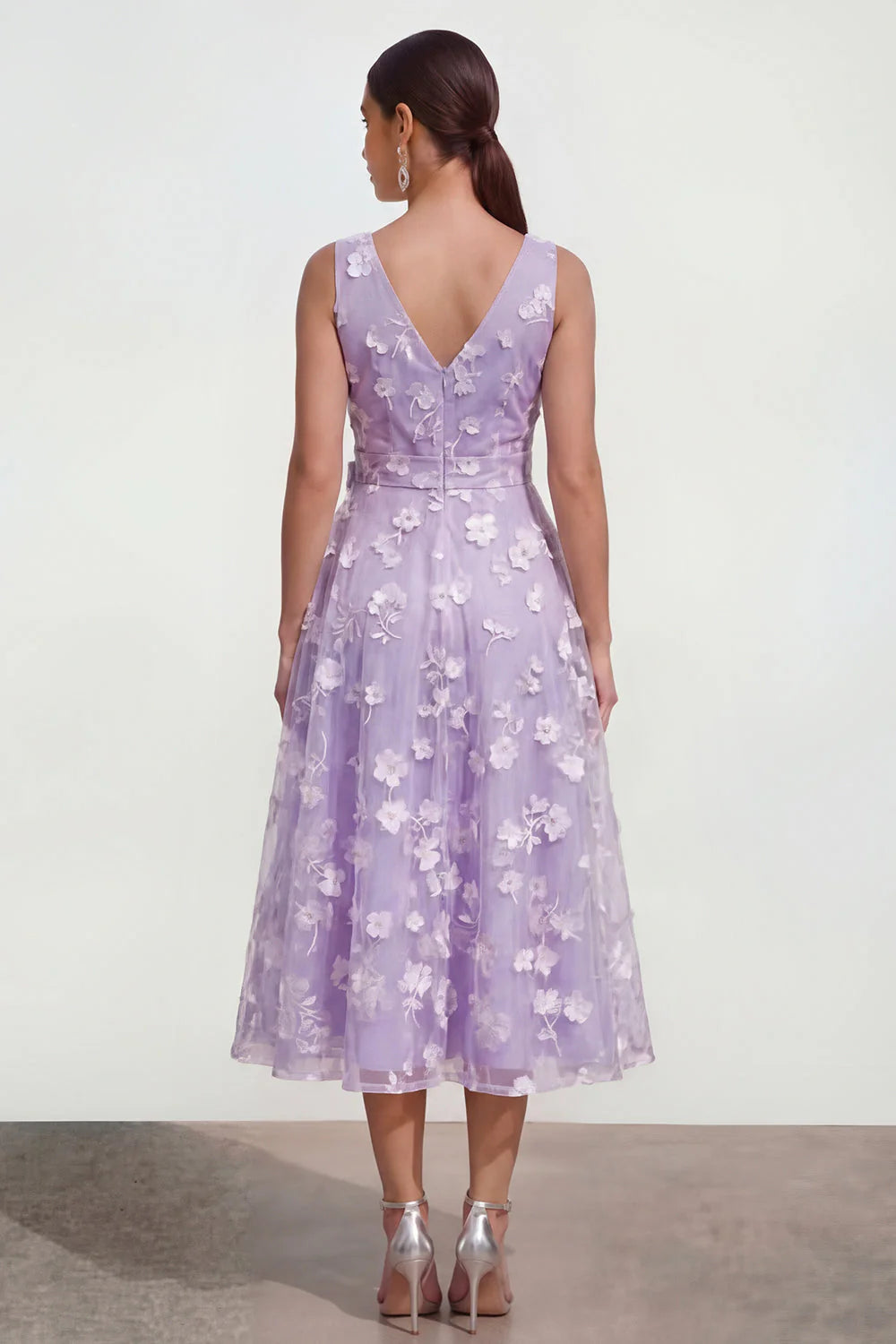 Blue Floral A Line Midi Wedding Guest Dress with Bow