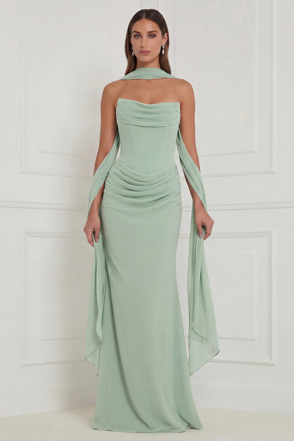 Strapless Ruched Sage Bridesmaid Dress with Scarf