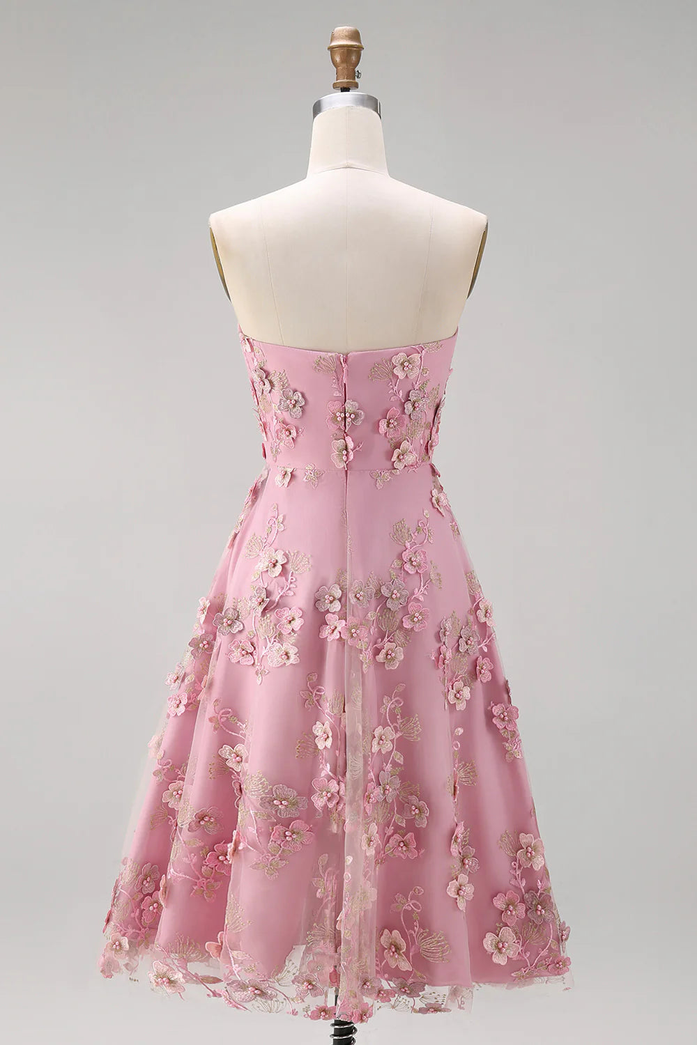 Strapless Pink Floral Applique A Line Wedding Guest Dress
