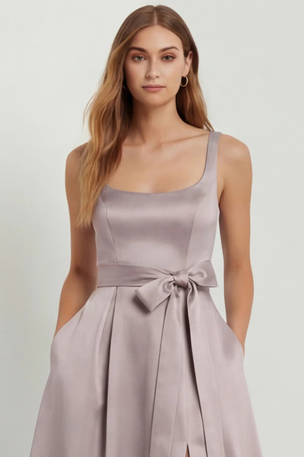 Light Blue A Line Square Neck Bow Satin Long Bridesmaid Dress with Slit