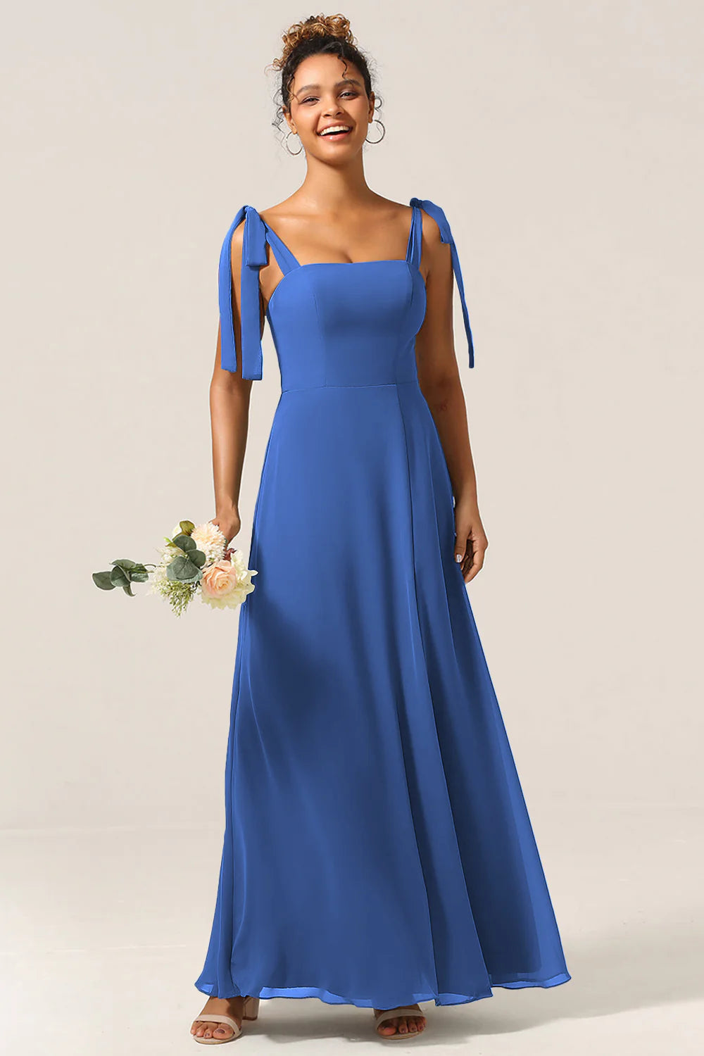 A Line Spaghetti Straps Floor Length Chiffon Bridesmaid Dress with Slit