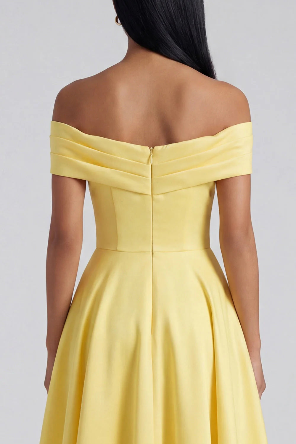 Off The Shoulder Yellow Ruched A Line Midi Wedding Guest Dress