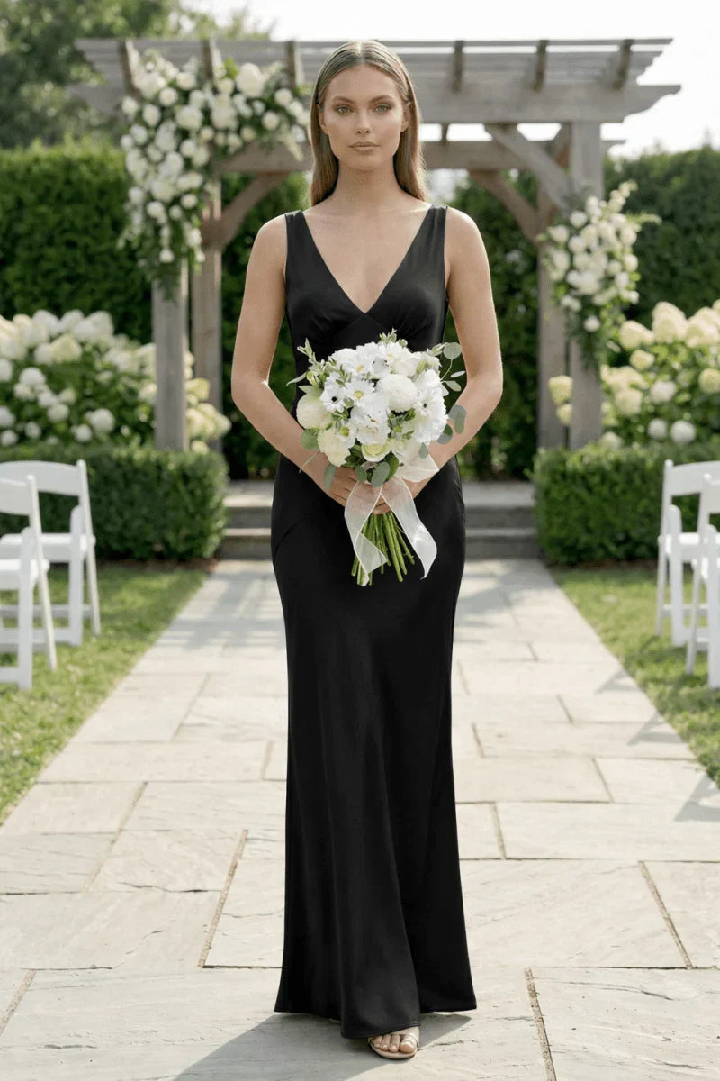 Charming Sheath V Neck Stretch Satin Bridesmaid Dresses