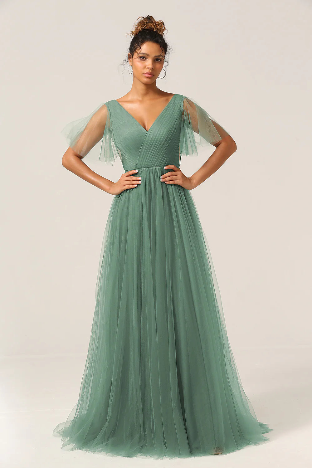 Eucalyptus A Line V Neck Open Back Floor Length Tulle Bridesmaid Dress