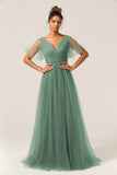 Eucalyptus A Line V Neck Open Back Floor Length Tulle Bridesmaid Dress