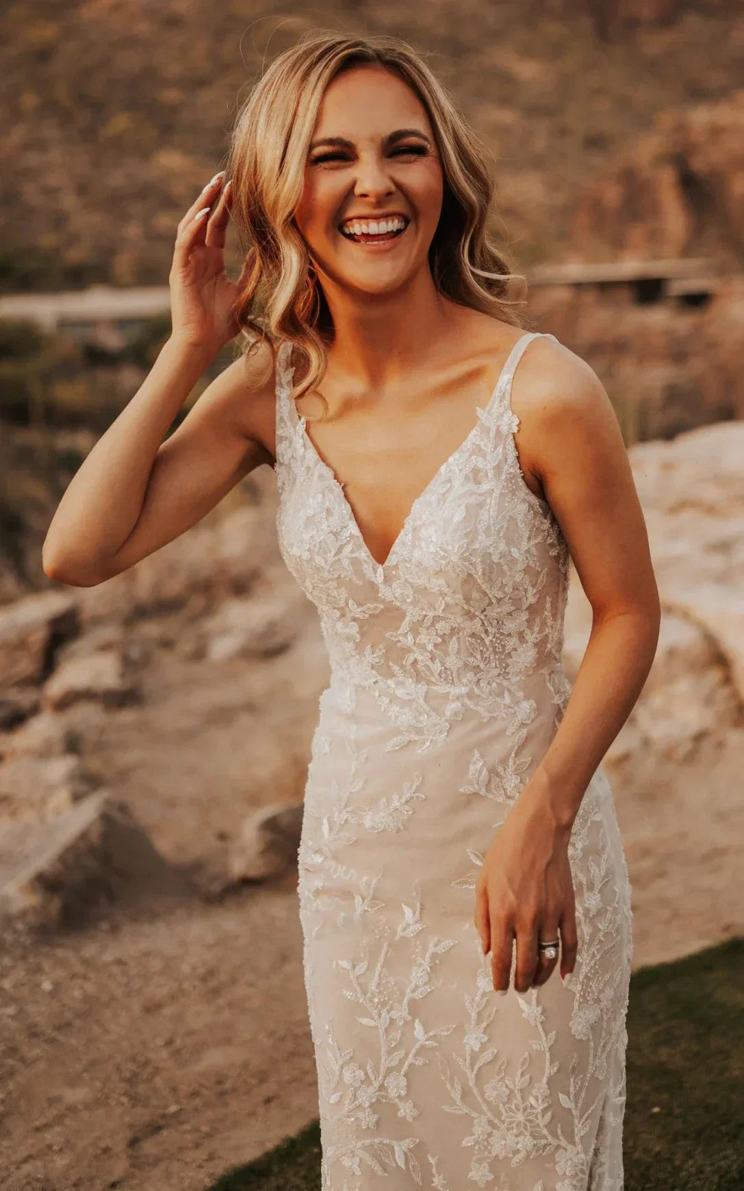 Sexy Mermaid V neck Lace Sleeveless Wedding Dress with Sweep Train Simple Elegant Ethereal Country Garden