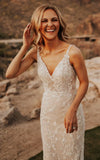 Sexy Mermaid V neck Lace Sleeveless Wedding Dress with Sweep Train Simple Elegant Ethereal Country Garden
