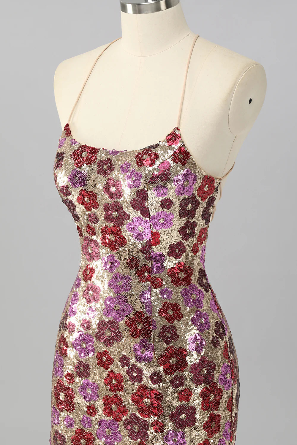 Red Flower Sequins Bodycon Spaghetti Straps Homecoming Dress with Lace Up Back