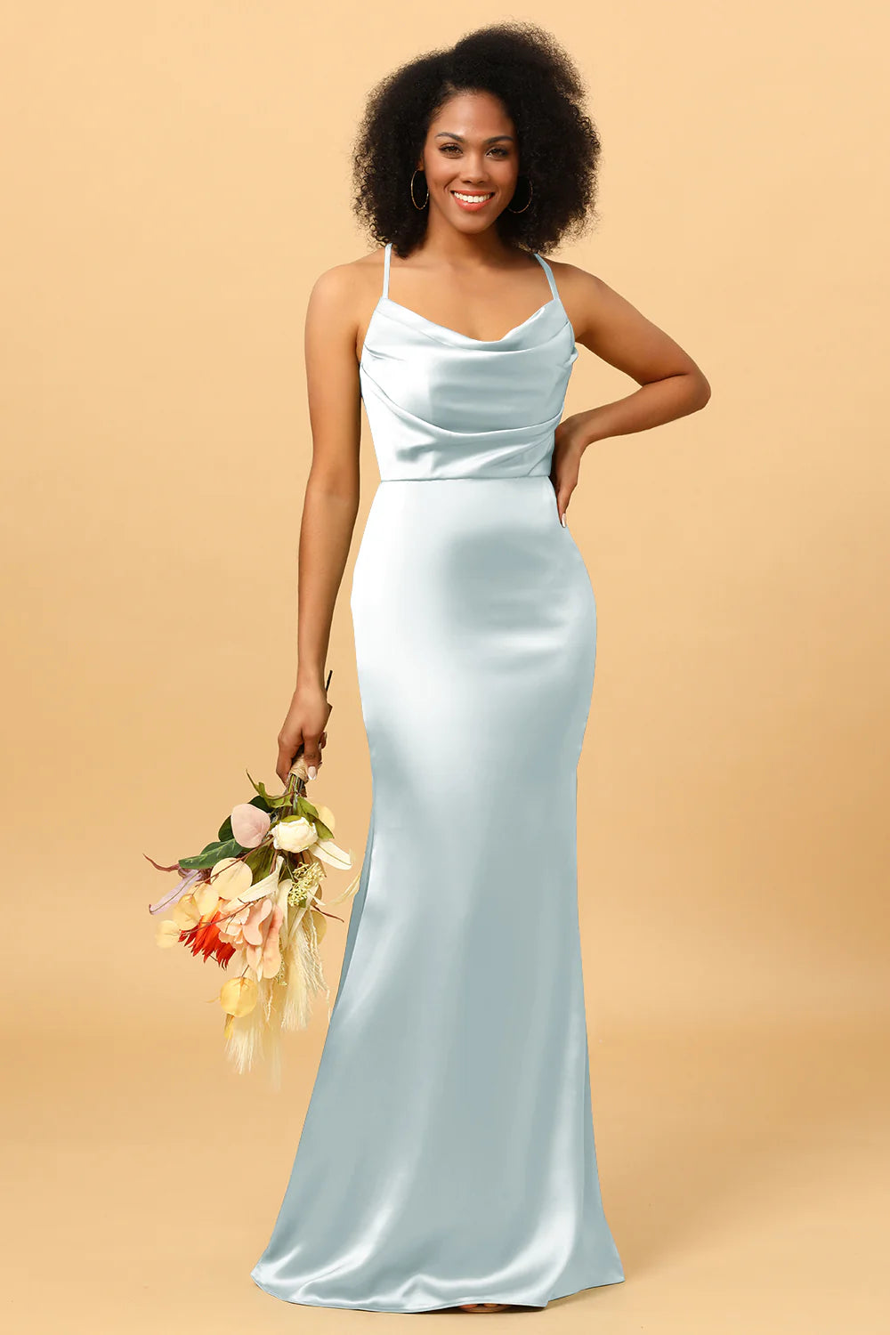 Mermaid Cowl Neckline Spaghetti Straps Long Satin Bridesmaid Dress