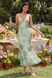 Sage Green Mermaid Floral Wedding Guest Dress with Lace up Back
