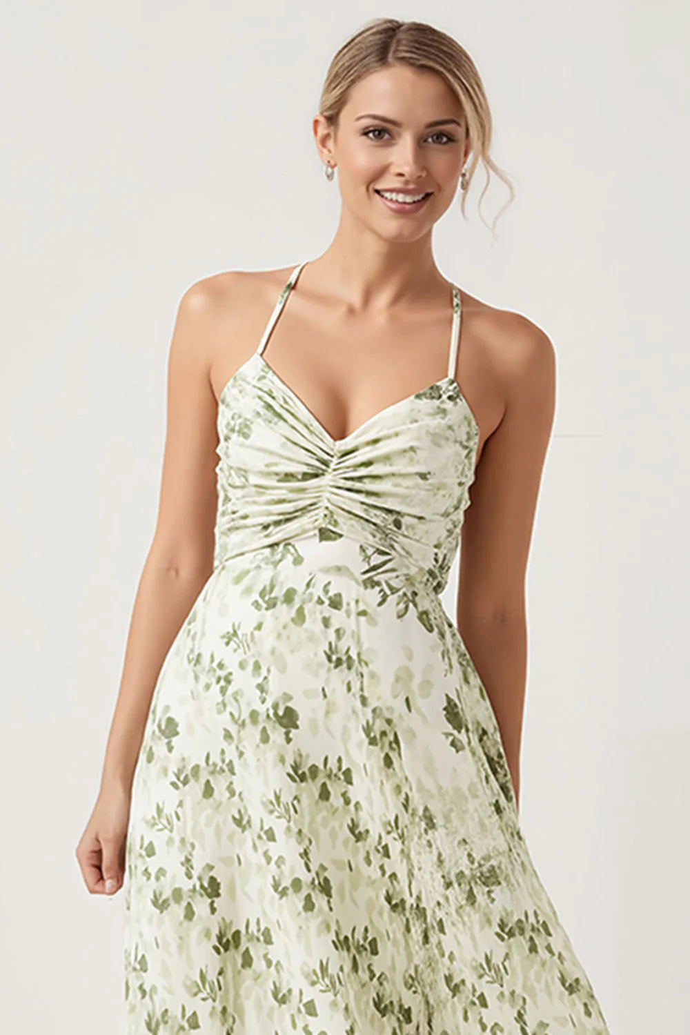 Green Flower A Line Ruched Spaghetti Straps Long Bridesmaid Dress