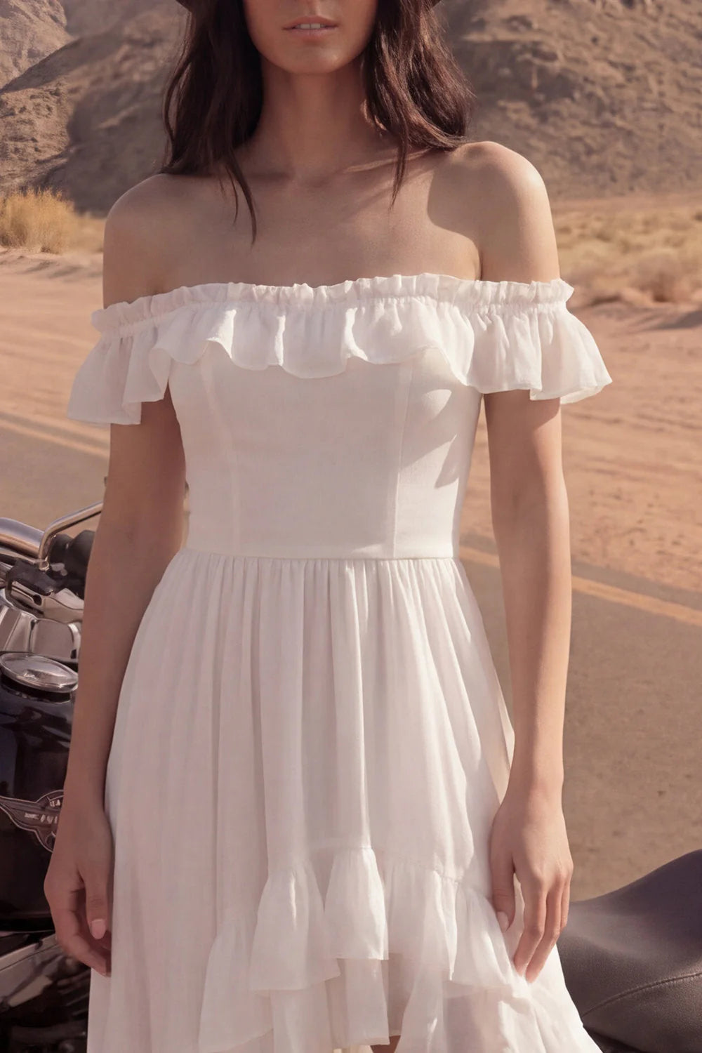 High Low Ivory Off the Shoulder Ruffled Wedding Dress