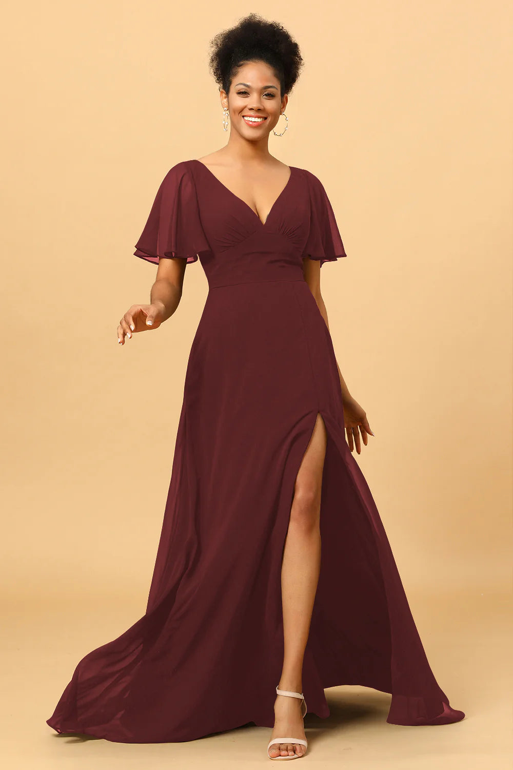 A Line V Neck Long Chiffon Bridesmaid Dress with Slit