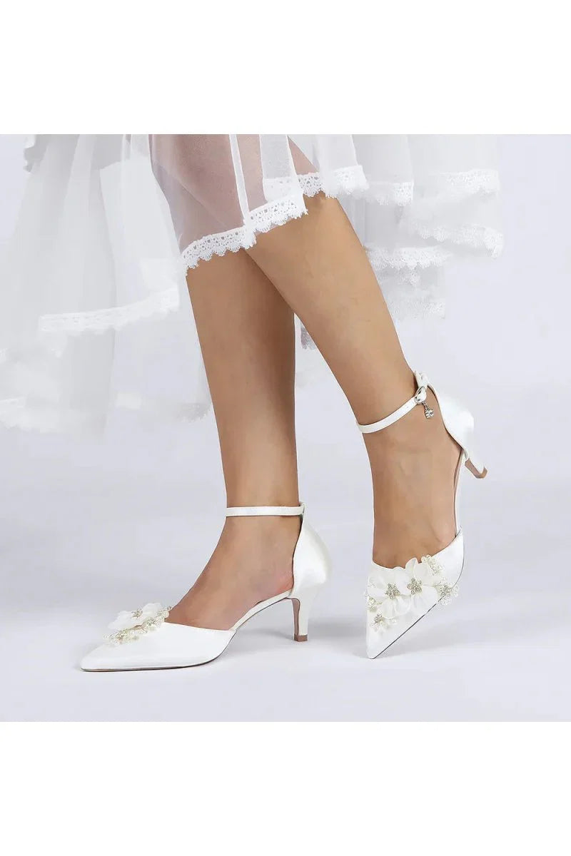 Womens Wedding Shoes Pointed Toe Ankle Strap Stiletto Heels with Rhinestone Flower