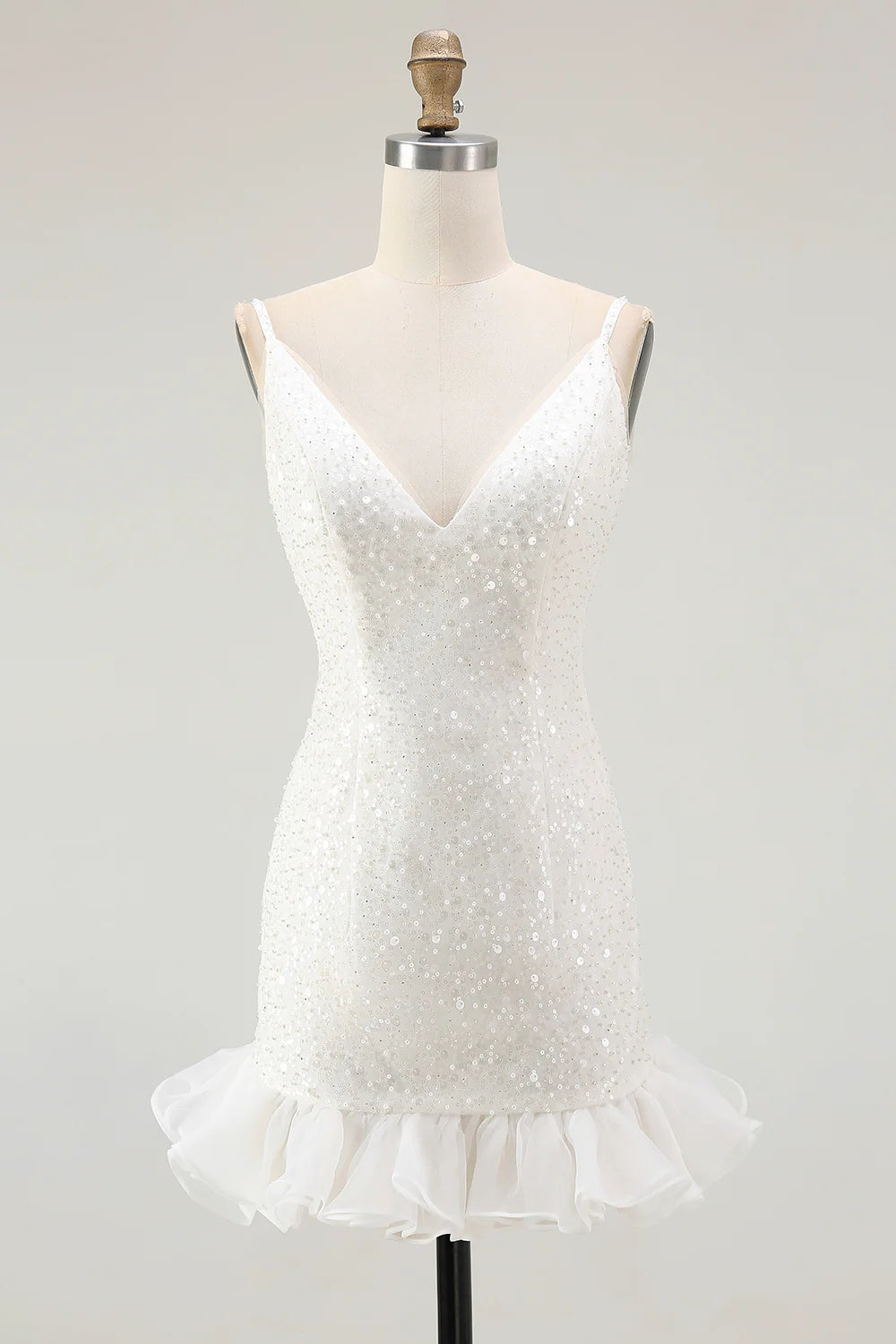 Sparkly White Sequins V Neck Mini Graduation Dress with Ruffles