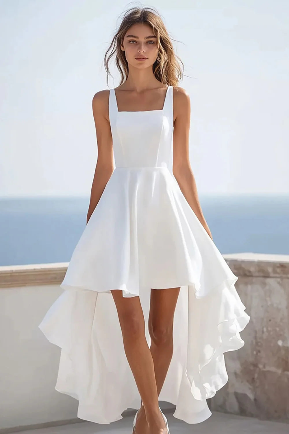 White Simple Square Neck High Low A Line Graduation Dress With Ruffles