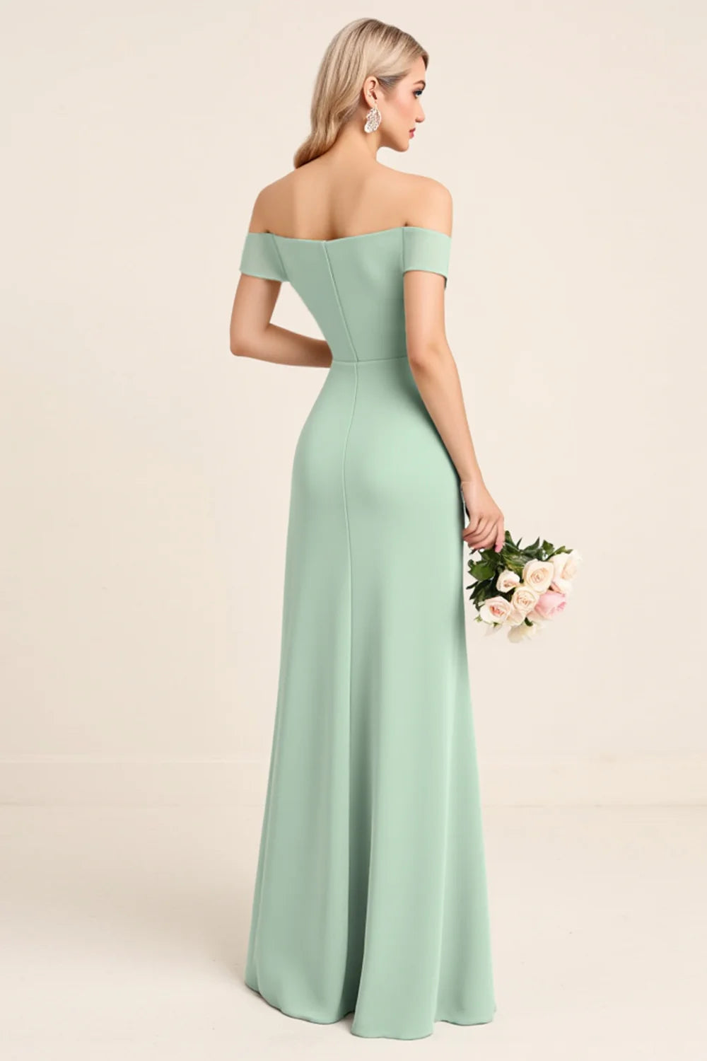 Mint Sheath Off The Shoulder Long Bridesmaid Dress with Slit