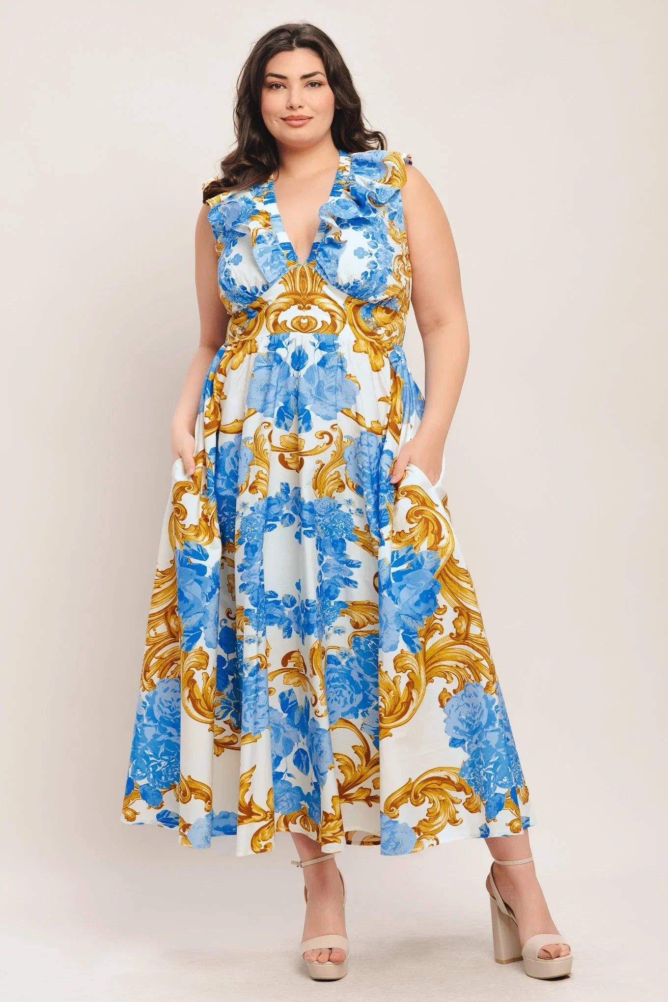 BAROQUE BLOOM BLUE MIDI DRESS