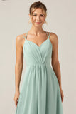 Matcha A Line Spaghetti Straps Chiffon Floor Length Bridesmaid Dress with Pleated
