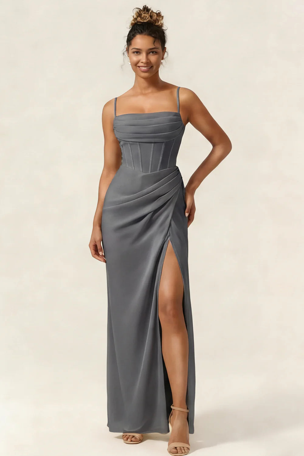 Green Flower Mermaid Corset Chiffon Long Bridesmaid Dress with Slit