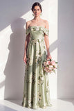 Off the Shoulder A Line Sage Green Floral Bridesmaid Dress