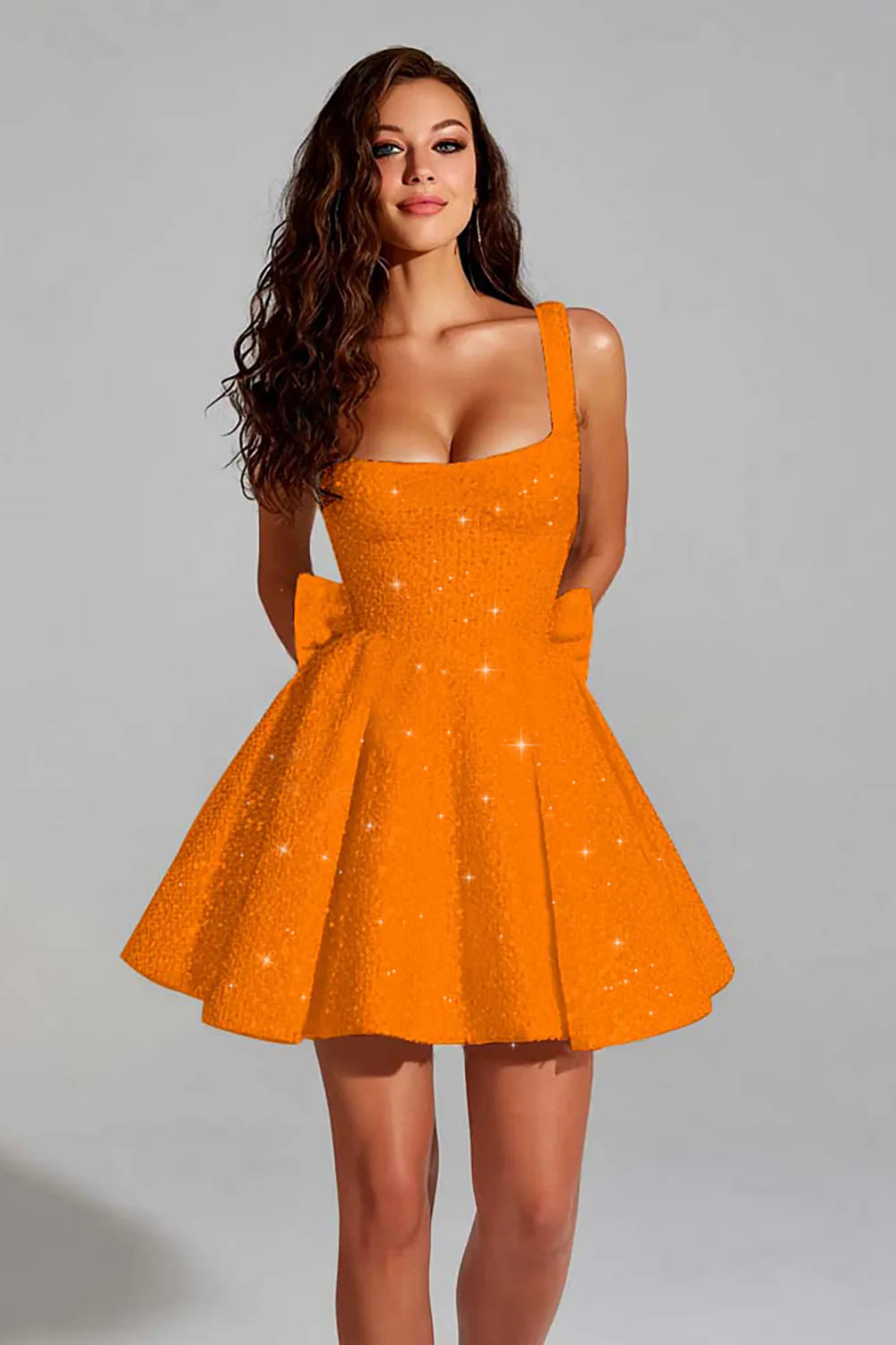Sparkly Black A Line Square Neck Homecoming Dress with Bow
