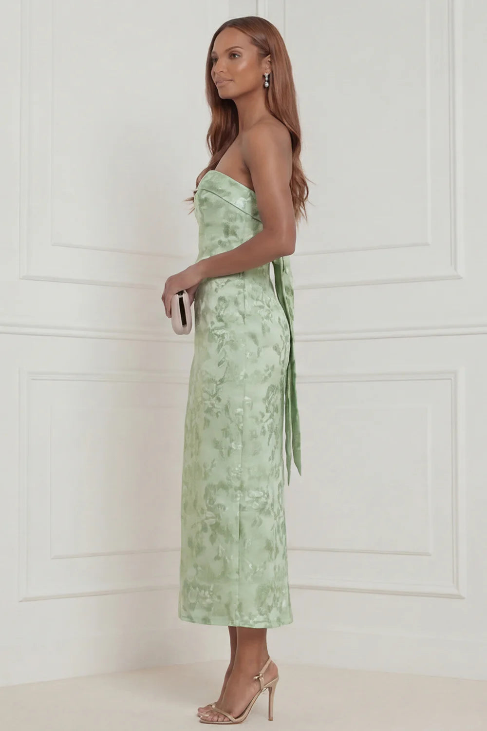 Sky Blue Sheath Strapless Jacquard Midi Wedding Guest Dress