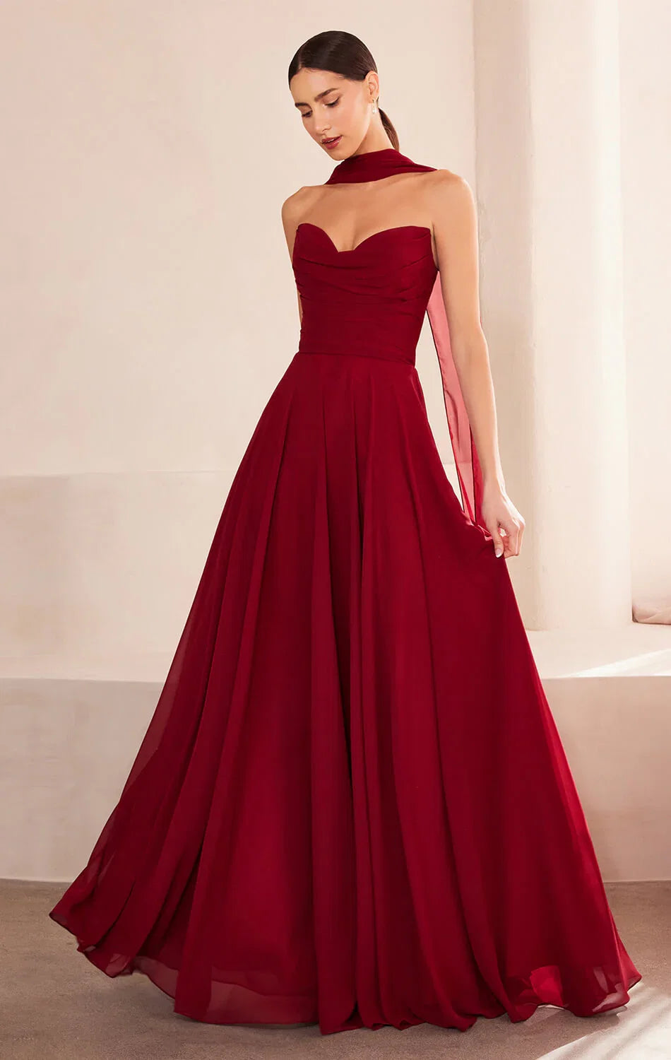 Ella Gown A line Strapless Chiffon Dress With Scarf