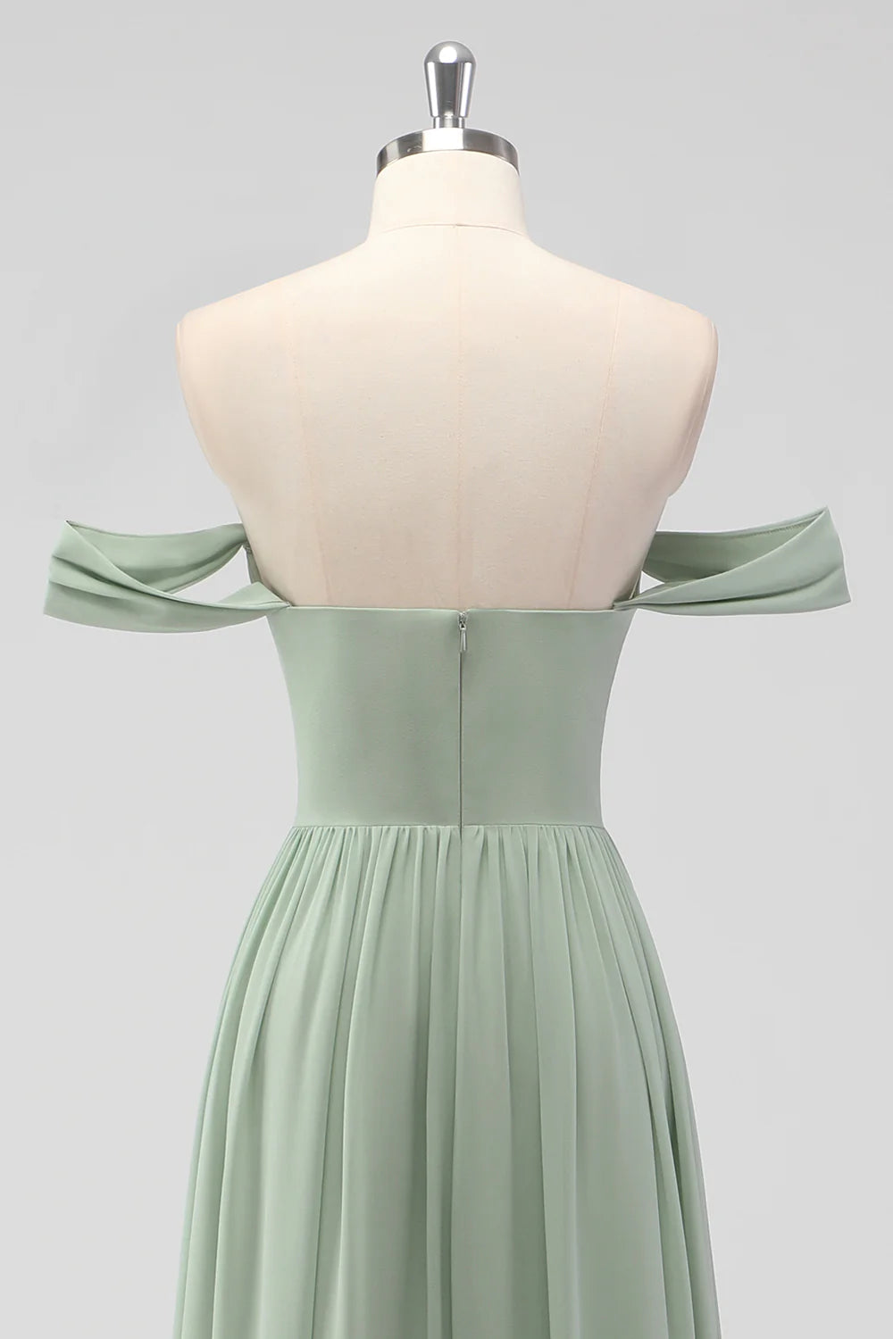 Sage Green A Line Off The Shoulder Ruched Chiffon Long Bridesmaid Dress with Slit