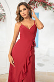 Burgundy A Line Spaghetti Straps Chiffon Long Wedding Party Dress with Ruffles