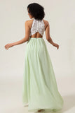 A Line Halter Neck Dusty Sage Lace and Chiffon Long Bridesmaid Dress