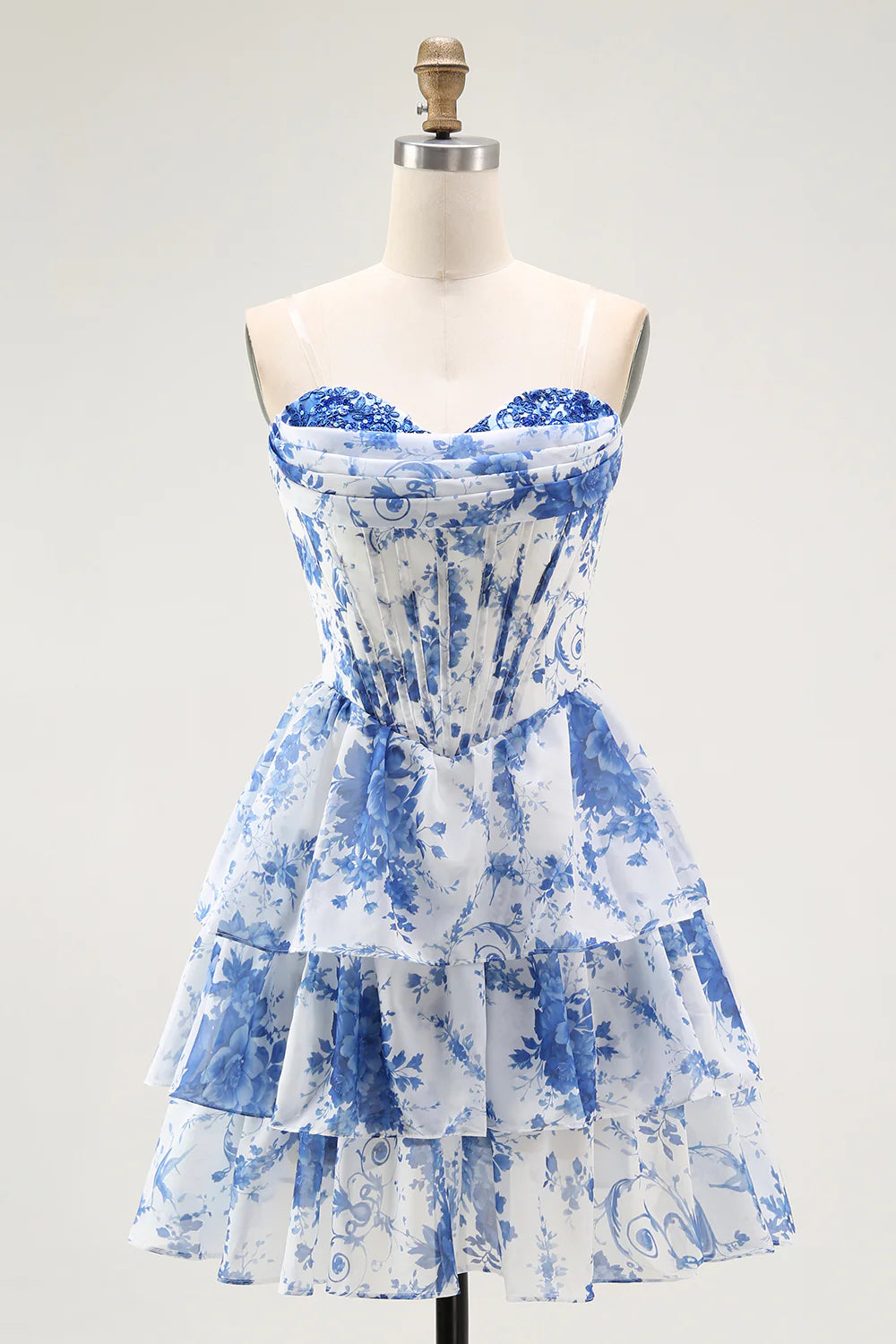 Strapless White Blue Flower A Line Corset Mini Homecoming Dress with Ruffles