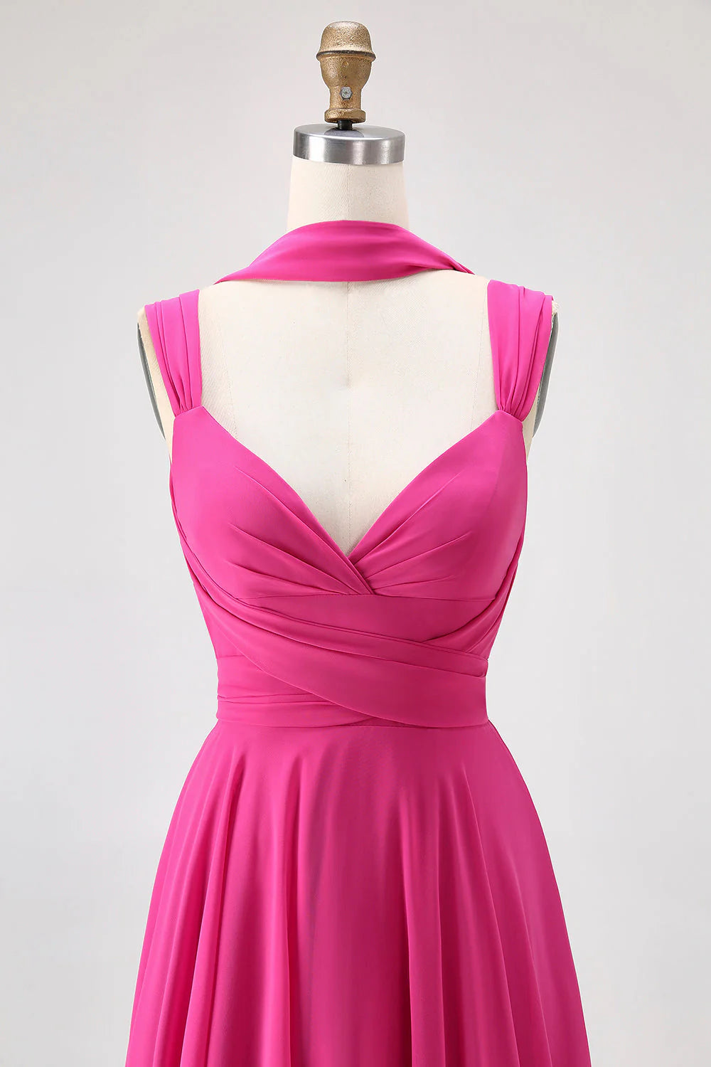 Fuchsia A Line Open Back Convertible Chiffon Long Bridesmaid Dress with Slit