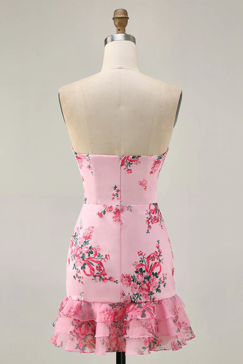 Bodycon Strapless Pink Floral Printed Short Homecoming Dress with Ruffles