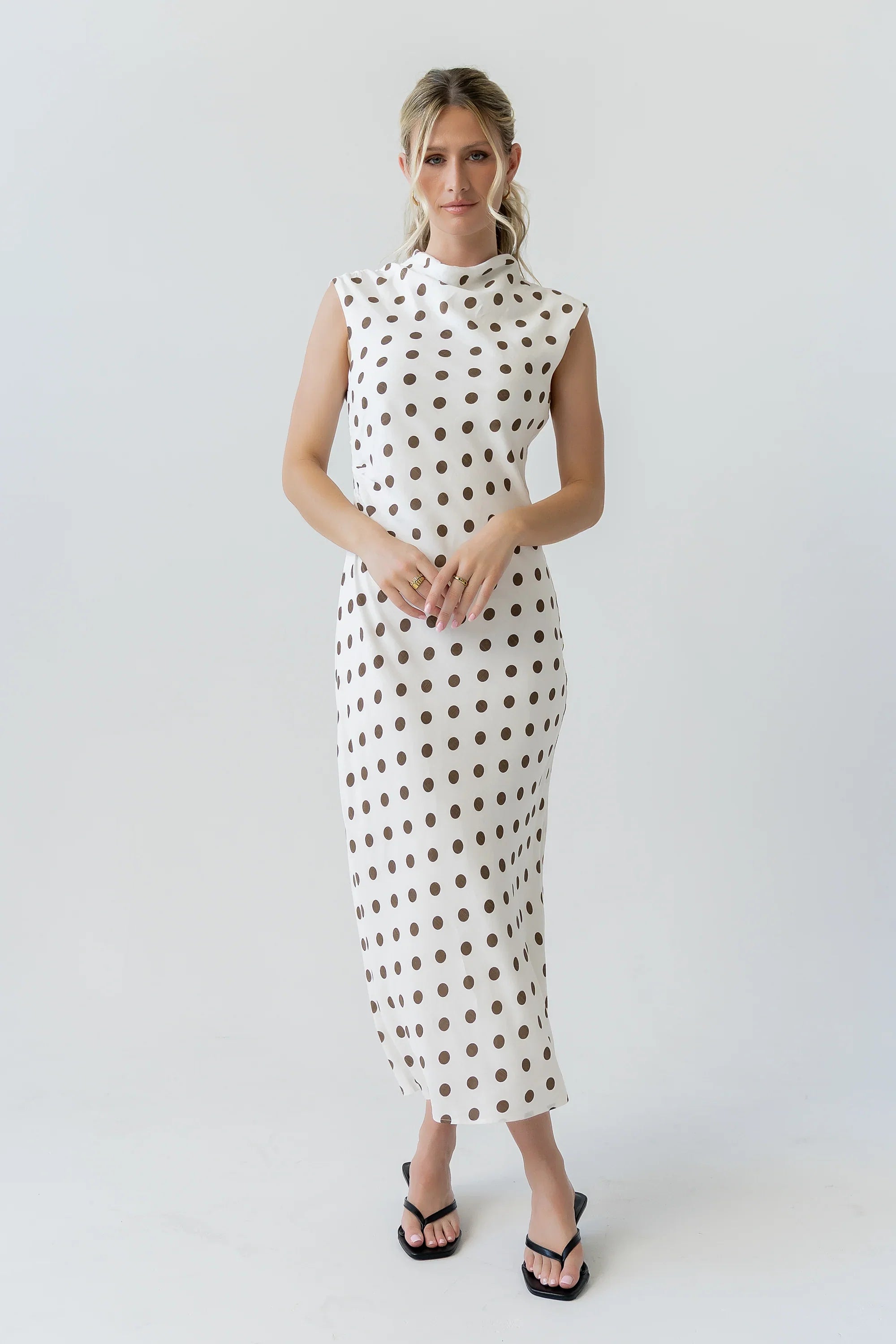 Tiffany Polka Dot Mock Neck Midi Dress
