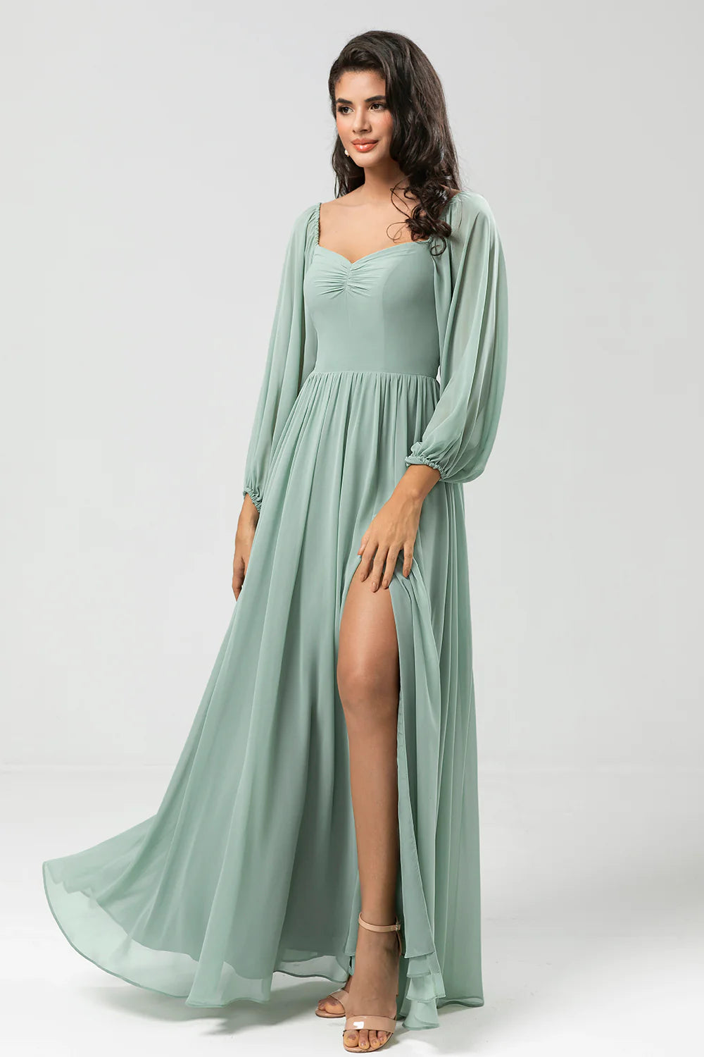Matcha A Line Off The Shoulder Chiffon Bridesmaid Dress with Slit