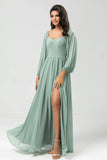 Matcha A Line Off The Shoulder Chiffon Bridesmaid Dress with Slit