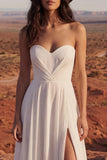 Strapless A Line Ruched Ivory Wedding Dress with Slit