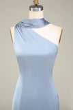 Sheath One Shoulder Convertible Long Satin Dusty Blue Bridesmaid Dress