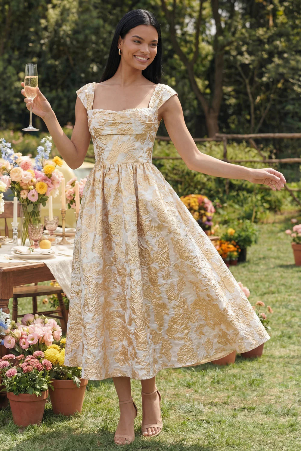 Black Printed A Line Midi Wedding Guest Dress