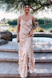 Straps Sheath Champagne Ruffle Maxi Bridesmaid Dress