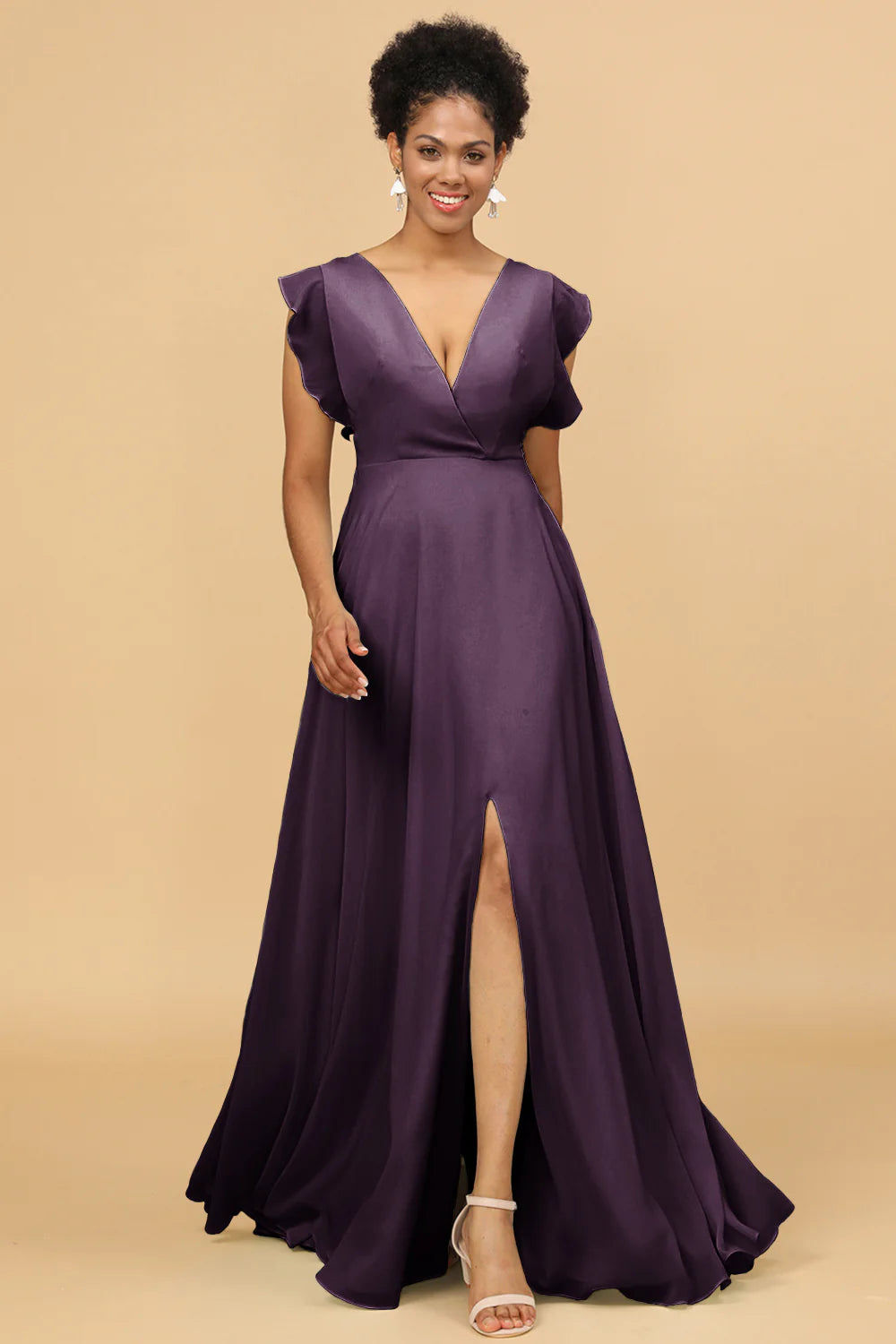 A Line V Neck Floor Length Chiffon Bridesmaid Dress with Slit