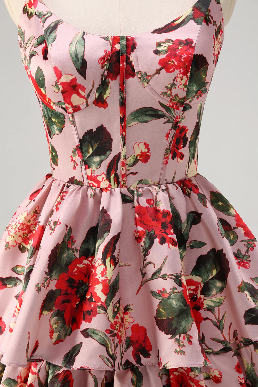 Floral Grey Pink A Line Spaghetti Straps Tiered Corset Prom Dress with Slit