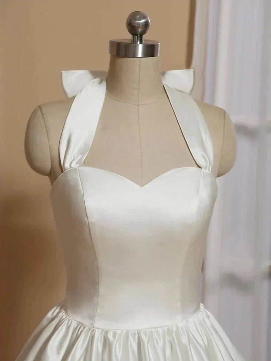 White A Line Halter Sleeveless Tea Length Satin Bridal Gowns With Bows Pleats